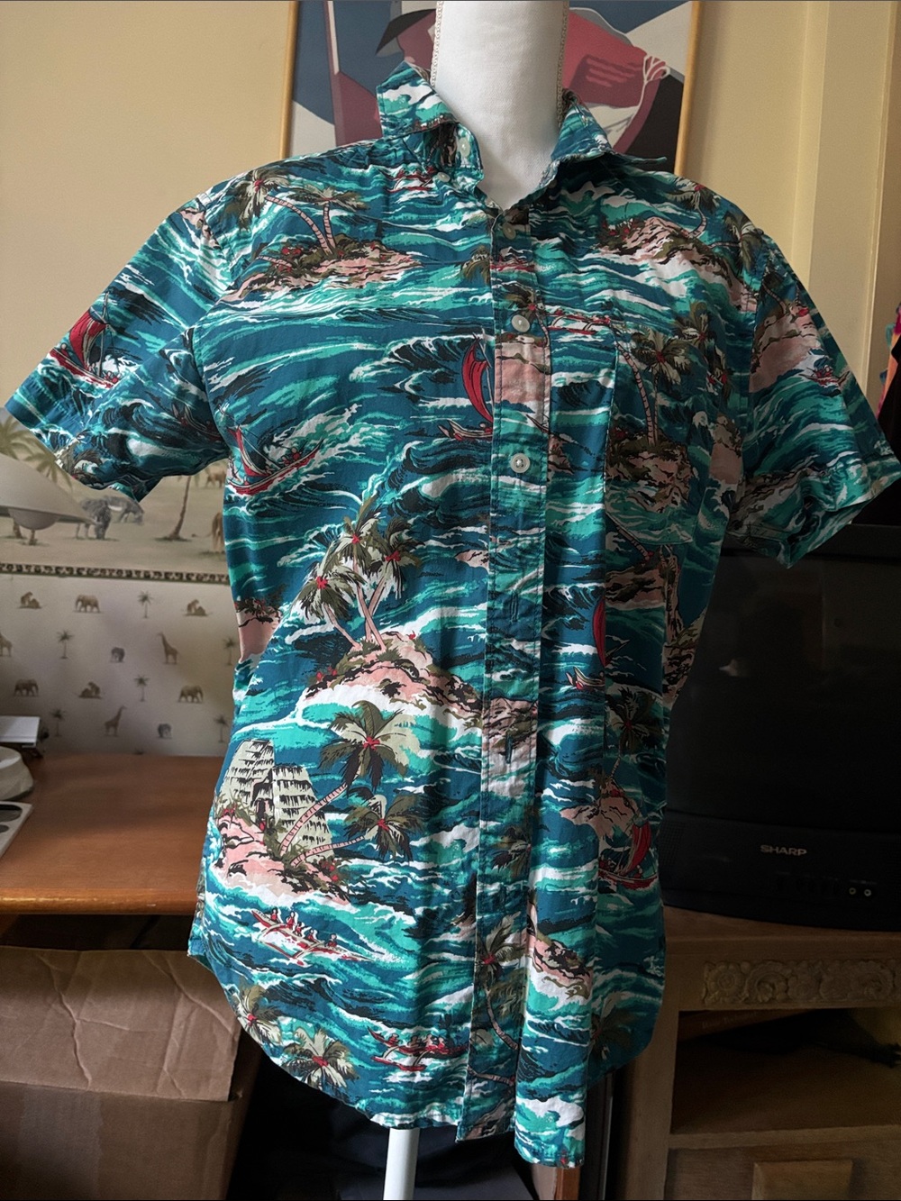Arizona Jean Company Teal Tropical Print Short-Sleeve Button-Up Shirt